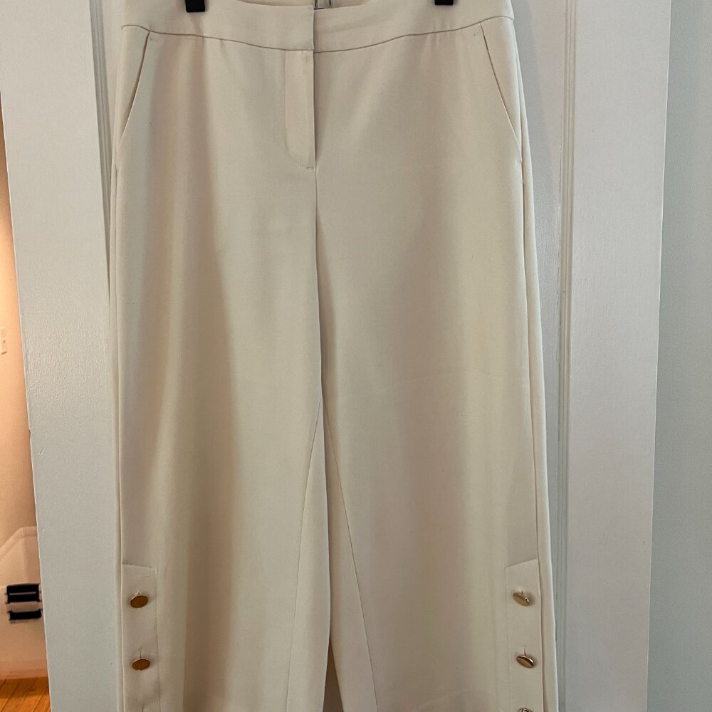 LOFT Cream Wide Leg Pants | Gold Button Hem Detail | Size 8